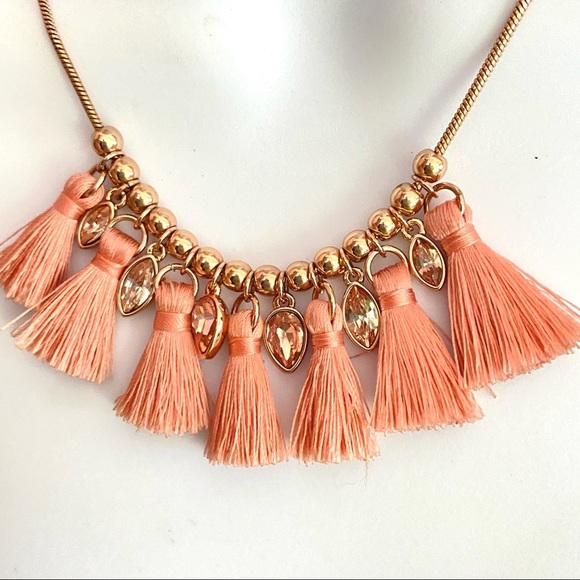 CHAPS Peach Cotton Tassels Necklace Goldtone Chain with Rhinestones - Picture 3 of 10
